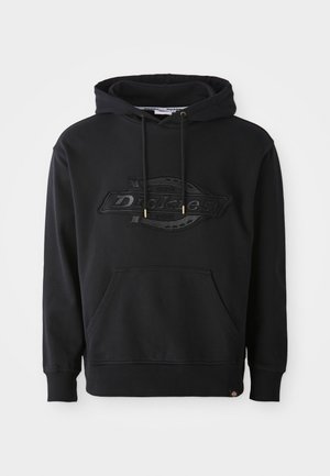 Schwarzer Kapuzenpullover aus Baumwollmischung, mit geprägtem Logo, verstellbaren Kordeln und Fronttasche. Gerippte Bündchen und Saum.