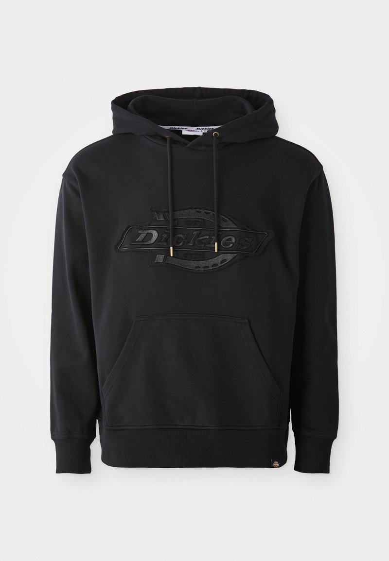 Felpa con cappuccio nera in misto cotone, dotata di un logo in rilievo, cordini regolabili e tasca frontale. Polsini e orlo a costine.