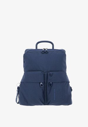 Sac à dos bleu marine texturé avec deux poches frontales zippées, poignée supérieure et deux curseurs sur le compartiment principal.