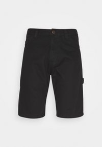 Black denim shorts with a straight cut, featuring a front button, belt loops, and a side pocket. Smooth texture with minimal design details.