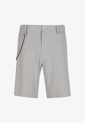 Sive kratke hlače iz lahkega materiala, z zapiranjem na gumb spredaj, stranskimi žepi in črno verigo na levi strani.