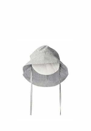 White bucket hat with thin black vertical stripes, wide brim, and chin tie straps, shown against a white background.