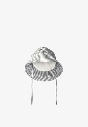 White bucket hat with thin black vertical stripes, wide brim, and chin tie straps, shown against a white background.