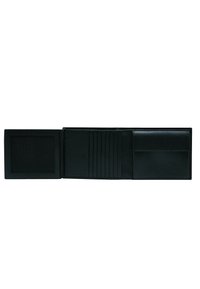 Portafoglio in pelle nera con finitura testurizzata, design pieghevole, otto scomparti per carte, una tasca per monete e una finestra trasparente per l'ID.