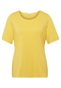 Yellow short-sleeve t-shirt featuring a rounded neckline, made of smooth fabric, with a relaxed fit and no visible patterns or accents.