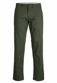 Straight-leg dark green men's trousers with belt loops, button closure, and zip fly, displayed on a white background.