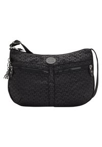 Black shoulder bag featuring a textured fabric with an embossed geometric pattern, dual front zippers, and a detachable strap.