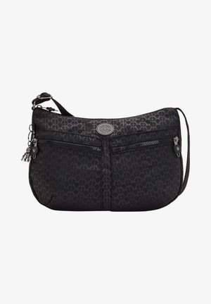 Sac à bandoulière noir en tissu texturé avec un motif géométrique en relief, deux fermetures éclair à l'avant, et une bandoulière amovible.