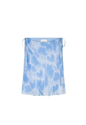 Blue and white tie-dye silk skirt with drawstring ties on both sides and a Fabienne Chapot label at the waistband.