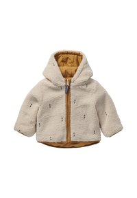Fleece jas met crème buitenkant, zwart stippenpatroon, gevoerd met gouden gele stof, ritsluiting en een capuchon, gestructureerde pasvorm met korte mouwen.