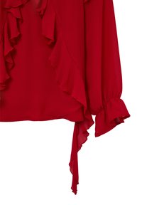 Rote Bluse aus leichtem Stoff mit Rüschendesign entlang des Ausschnitts und der Ärmel, mit gerafften Ärmelbündchen und einer Bindebindung am Saum.