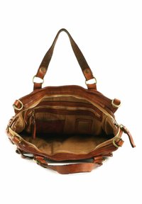 Borsa a tracolla in pelle marrone con due manici corti, un compartimento principale con zip e tasche interne. Texture morbida e design funzionale.