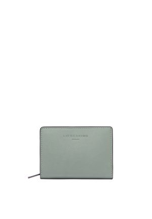 Green leather wallet with a smooth texture, featuring subtle brand embossing. Rectangular shape with curved edges and a grey border.
