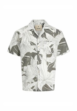 Camisa de manga corta en gris claro con patrones de hojas blancas. Con botones al frente, collar tradicional, fabricada en una tela ligera.