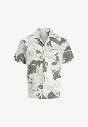 Koszula z krótkim rękawem w jasnoszarym kolorze z białymi wzorami liści. Zapięcie na guziki, tradycyjny kołnierzyk, wykonana z lekkiego materiału.