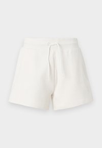 White fleece shorts featuring an elastic waistband with a drawstring, side pockets, and a smooth texture. Minimal branding in a subtle design.