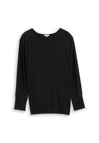 Zwarte, losse top met een brede halslijn en driekwartmouwen. Gemaakt van een gladde, textuurstof. Eenvoudig en minimalistisch ontwerp.