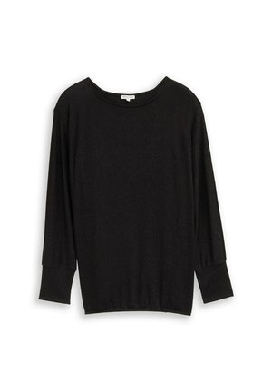 Schwarzes, locker sitzendes Oberteil mit weitem Ausschnitt und drei Viertelärmeln. Hergestellt aus glattem, strukturiertem Stoff. Einfaches und minimalistisches Design.