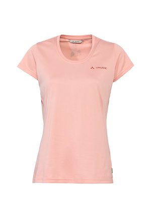 Helles rosa T-Shirt mit kurzen Ärmeln aus glattem Stoff, mit rundem Ausschnitt und kleinem VAUDE-Logo auf der Brust.