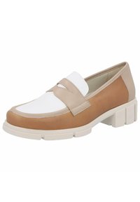 Brown and white leather shoe with a rounded toe, flat sole, and chunky heel. Features a decorative strap across the vamp.