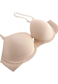 Beige polstret bh med justerbare stropper, sømløse skåle og en glat finish. Den har bøjle og et bredt bånd for støtte.