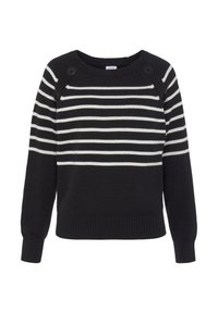 Schwarzer Pullover mit weißen horizontalen Streifen, geripptem Halsausschnitt und Bündchen, mit zwei Knöpfen an jeder Schulter für zusätzlichen Detailreichtum. Weicher Strickstoff.