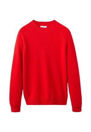 Maglione rosso in lana con scollo rotondo, maniche lunghe a raglan e polsini e orlo a costine; texture liscia di colore uniforme, senza motivi o dettagli decorativi.