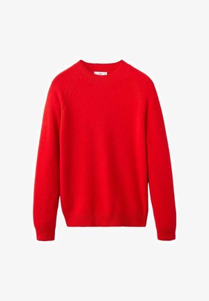 Maglione rosso in lana con scollo rotondo, maniche lunghe a raglan e polsini e orlo a costine; texture liscia di colore uniforme, senza motivi o dettagli decorativi.
