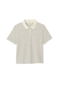 Polo à manches courtes en crème avec des rayures horizontales noires, doté d'un col classique et d'une patte de boutonnage à trois boutons. Texture de tissu douce.