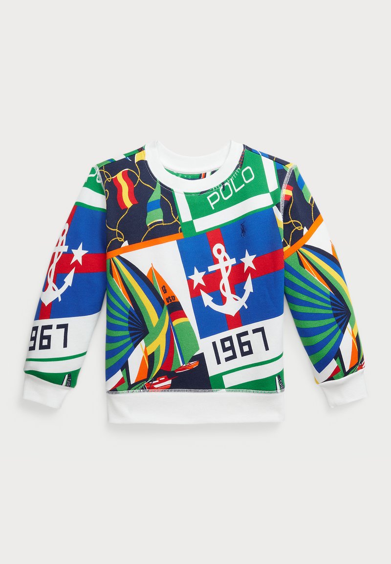 Sudadera de algodón colorida con una variedad de patrones, incluidos anclas, banderas y formas geométricas en azul, verde, rojo y amarillo.