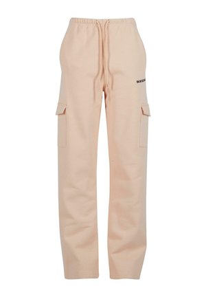 Hellrosa Cargo-Hosen aus weichem Material, mit Kordelzug in der Taille, zwei Seitentaschen und einem dezenten Logo auf der Vorderseite.