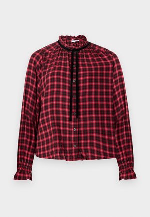 Μπλούζα μακρυμάνικη με καρό μοτίβο σε κόκκινο και μαύρο, με φουσκωτό λαιμόκοψη, κουμπιά μπροστά, μαύρη βελούδινη στερέωση και μανσέτες με πιέτες.