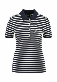 Navy- und weiß gestreiftes Polohemd aus Baumwollmix, mit Knopfverschluss und gesticktem Logo auf der Brust. Kurze Ärmel und klassischer Kragen.