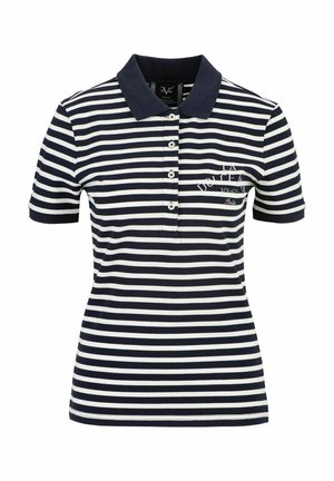 Marineblauwe en witte gestreepte polo shirt van katoenmix, met een knoopsluiting en geborduurd logo op de borst. Korte mouwen en standaard kraag.