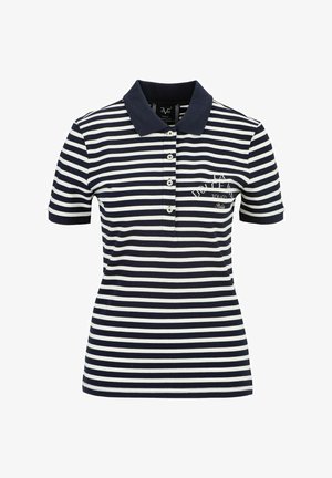 Navy- und weiß gestreiftes Polohemd aus Baumwollmix, mit Knopfverschluss und gesticktem Logo auf der Brust. Kurze Ärmel und klassischer Kragen.