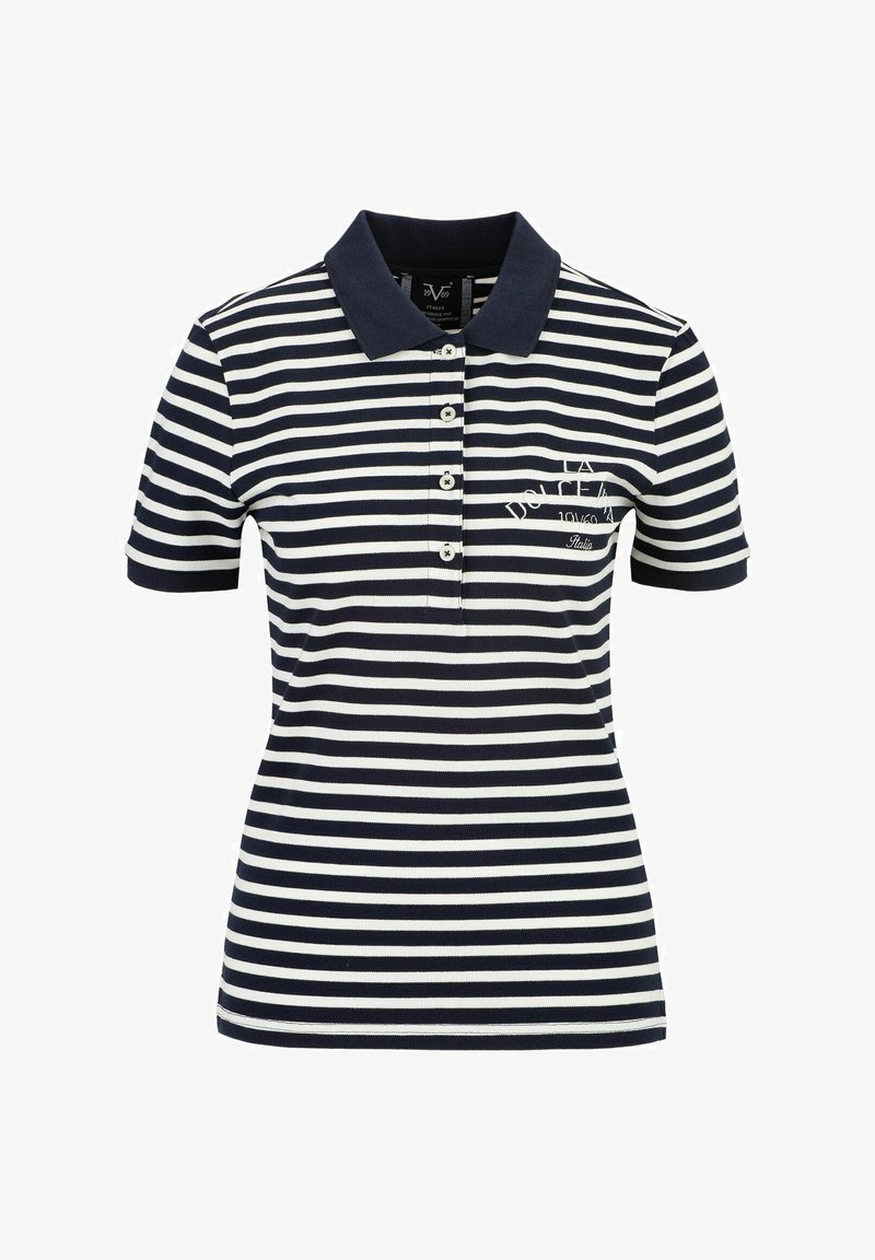 Marineblauwe en witte gestreepte polo shirt van katoenmix, met een knoopsluiting en geborduurd logo op de borst. Korte mouwen en standaard kraag.