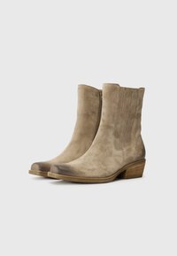 Stivaletti alla caviglia in suede beige con punta rotonda, cerniera laterale e dettagli di cucitura verticale. Tacco basso impilato e suola liscia.