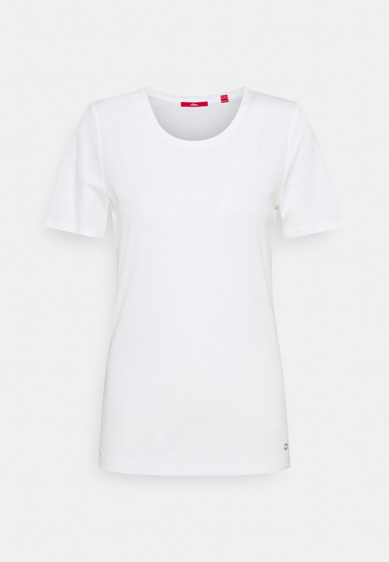 White short-sleeve t-shirt made of cotton. Features a rounded neckline and a small accent detail at the hem. Simple design and smooth texture.