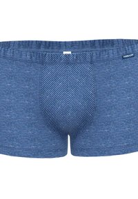 I pantaloni boxer a righe blu presentano un design aderente, una vita elasticizzata e una sottile texture con un motivo a righe diagonali.