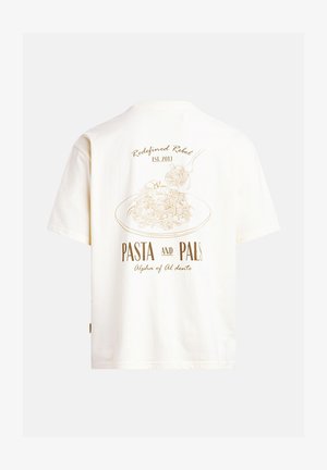 Cream-colored cotton t-shirt with short sleeves. Features a gold graphic of pasta on a plate and text "Pasta and Pals" on the back.