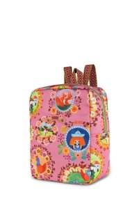 Roze stoffen rugzak met kleurrijke bloem- en speelse patronen, met ritssluiting en dubbele gevlochten banden. Opvallende accenten zijn de illustraties van dieren en gebouwen.