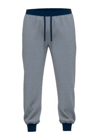 Light gray sweatpants with a geometric pattern, navy waistband and ankle cuffs, featuring an adjustable drawstring for fit.