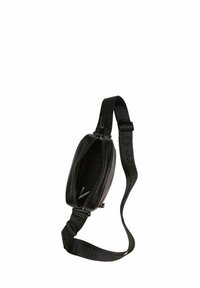 Borsa a tracolla in pelle nera con superficie texturizzata, chiusura zip e tracolla regolabile con logo. Interno non foderato e spazioso.