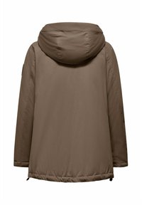 Bruine geïsoleerde jas met capuchon. Heeft een rechte snit, elastische zoom en een minimalistisch ontwerp. Soepele textuur zonder zichtbare patronen.