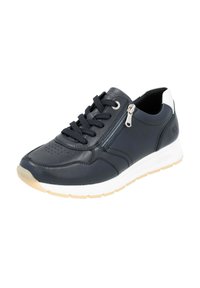 Navy-Leder-Sneaker mit Schnürdesign, seitlichem Reißverschluss, weißem Fersenakzent, strukturiertem Zehenbereich und kontrastierender heller Gummisohle.
