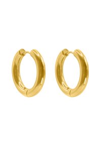 Boucles d'oreilles en forme de créole dorées, surface lisse, forme ovale, dotées d'un fermoir à charnière sans soudure, réfléchissant la lumière avec une finition polie.
