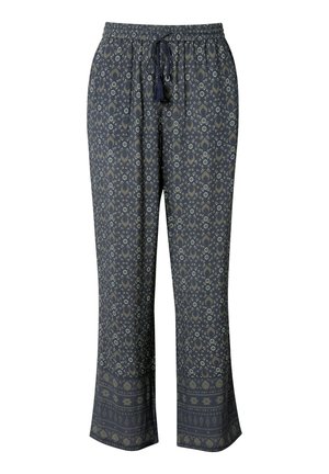 Navy blauwe wijde broek met een lichtgrijs geometrisch en bloemenpatroon, elastische tailleband en een navy trekkoord met kwastjes.