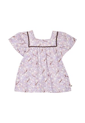 Blouse lavande à manches courtes avec motif floral, encolure carrée et bordure ondulée brun foncé le long de la poitrine.