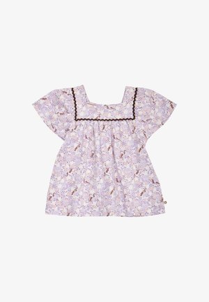 Lavender short-sleeve blouse with floral pattern, square neckline, and dark brown wavy trim along the chest area.