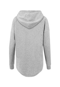 Gray fleece hoodie with a rounded hem, long sleeves, and an adjustable hood. Features soft texture and casual design.